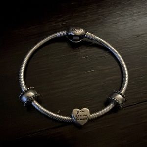 Pandora Sterling bracelet with 3 charms one heart “you are loved” a